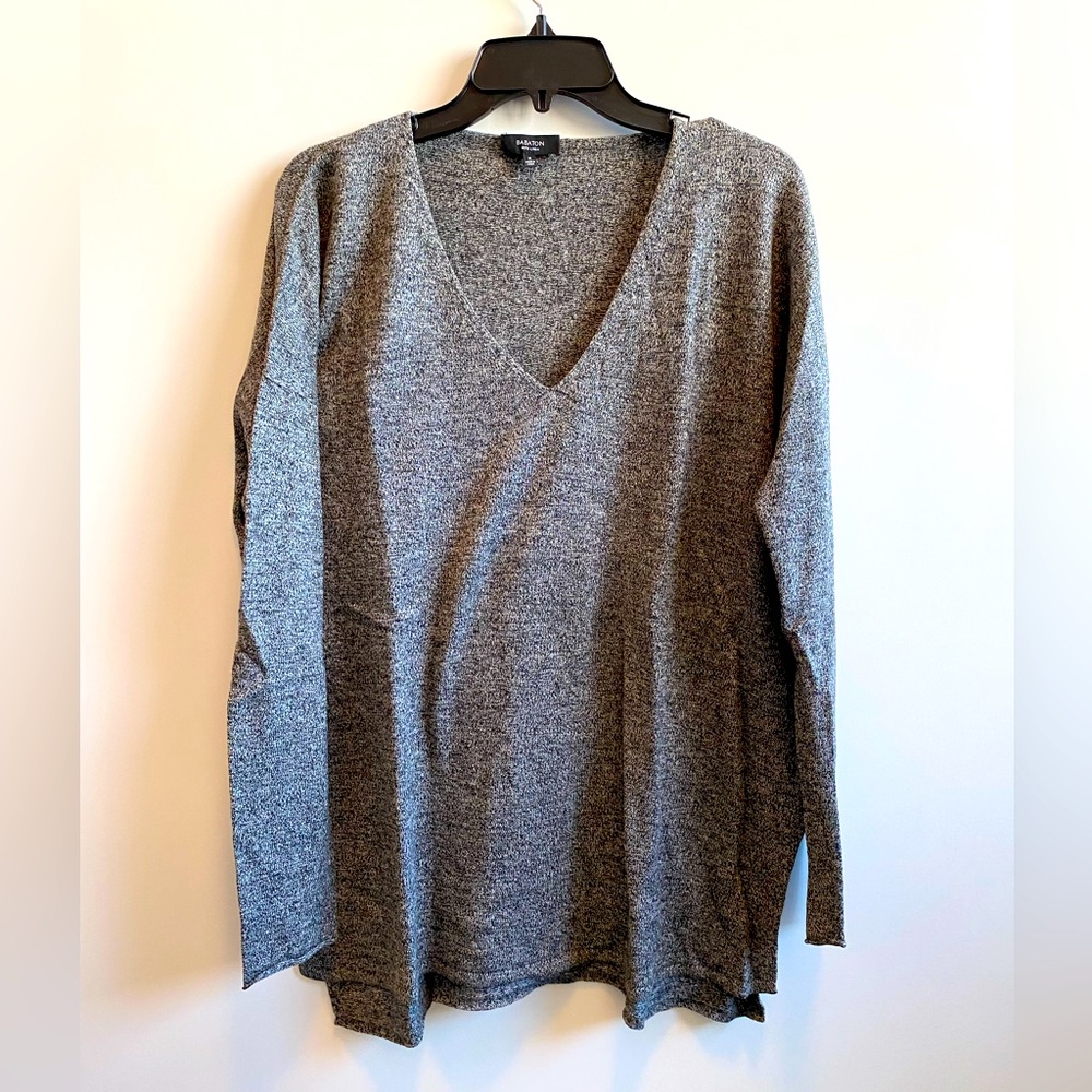 Babaton V Neck Tunic Sweater - Black and White Weave - Size M